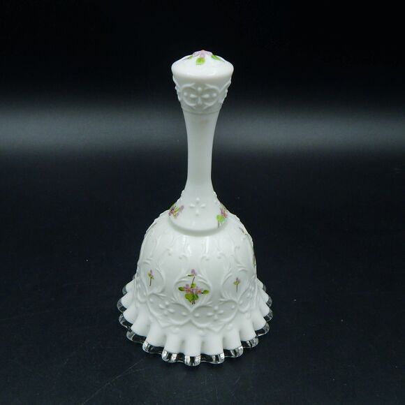 Fenton Glass Violets in Snow Spanish Lace Silver Crest Bell Artist Signed - Picture 2 of 6